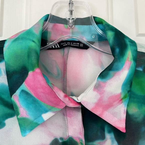 SOLD Zara Flowing Green Pink Floral Sheer Long Sleeve Blouse Small - Picture 6 of 16